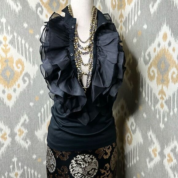 Ralph Lauren Black Label Cotton Sleeveless Silk Ruffle Blouse - Picture 1 of 17